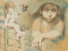 Conger Metcalf, Study of Alessandro and Pino, Graphite and oil wash on coated paper