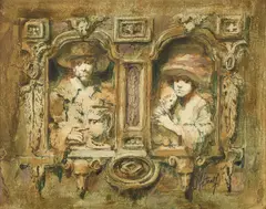 Conger Metcalf, Windows of Venice, Graphite and oil wash on coated paper