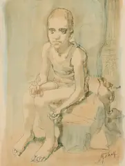 Conger Metcalf, Seated Boy Holding Plumbs, Graphite and oil wash on coated paper