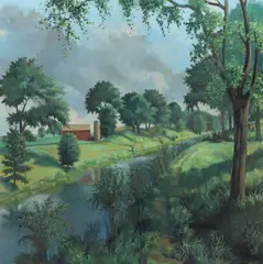 Summer Wooded Farmscape Along Stream by Dorothy Young Graham, Oil on masonite, sold Apr 2026
