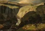 Continental School, Expansive Landscape with Shepherd and Waterfall, Oil on canvas laid down