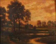 British School, Cottage Landscape at Dusk, Oil on canvas