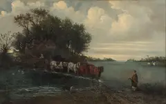 F. Peyraud, Expansive Landscape with Figures Fording a Stream with Lumber, Oil on canvas