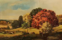 American School, Expansive Fall Landscape with Cows, Oil on canvas