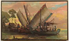 A. Hasim, Sumatra Twilight Scene with Boats at Dock, Oil on canvas