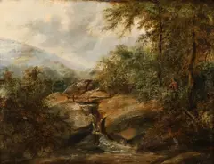 Thomas Creswick, Figures Walking Near Stream within Forest Clearing, Oil on canvas