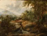 Thomas Creswick, Figures Walking Near Stream within Forest Clearing, Oil on canvas