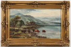 William Langley, Cattle Watering in a Scottish Highland Loch, Oil on canvas