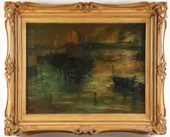 Charles Pierre Bergman, Boats in the Harbor at Night, Oil on canvas