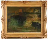 Charles Pierre Bergman, Boats in the Harbor at Night, Oil on canvas