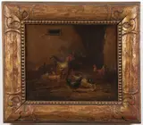 European School, Chickens and Ducks in a Barnyard, Oil on canvas