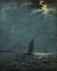 Vincent Ambrosini, Nocturnal Sailing Scene, Oil on masonite