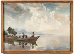 Erwin Kettemann, Fishermen in a Boat on Lake Chiemsee, Oil on canvas