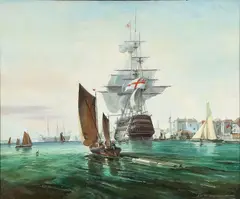 George Chambers, HMS Britannia Entering Portsmouth, Oil on canvas
