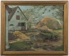 Hugo Vilfred Pedersen, Farmyard with Barn and Haystack, Oil on canvas