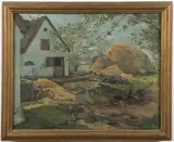 Hugo Vilfred Pedersen, Farmyard with Barn and Haystack, Oil on canvas