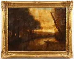 Eugene Califano, Dusk Landscape with Figure in Boat, Oil on canvas