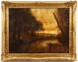 Eugene Califano, Dusk Landscape with Figure in Boat, Oil on canvas
