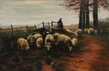 Thomas Fitch, A Shephard Moving Sheep, Oil on canvas laid down
