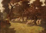 Charles Emile Olivier, Sheep Grazing in a Wooded Pasture, Oil on canvas