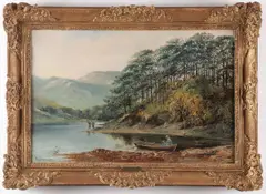 William James Crompton, Lake Scene with Figures, Oil on canvas
