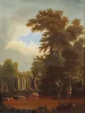 European School, Figures Crossing Stream in Wooded Landscape, Oil on canvas