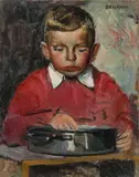 Curt Bruckner-Eichtermeyer, Portrait of Young Boy Cleaning Berries, Oil on canvas