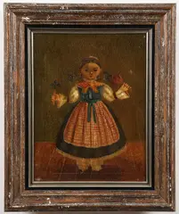 Agapito Labios, Girl in Blue Dress Holding Spinning Toys, Oil on canvas