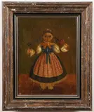 Agapito Labios, Girl in Blue Dress Holding Spinning Toys, Oil on canvas