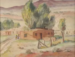 Clair Lange Packer, Pueblo Scene, Watercolor on board