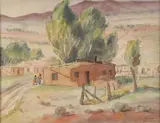 Clair Lange Packer, Pueblo Scene, Watercolor on board