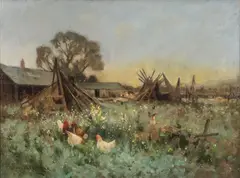 Robert Russell MacNee, Farm Scene with Chickens, Oil on canvas mounted on board