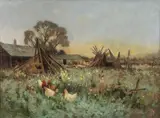 Robert Russell MacNee, Farm Scene with Chickens, Oil on canvas mounted on board