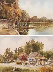 Gerald Edwin Tucker, September River & Village Gossip, Both watercolor on paper