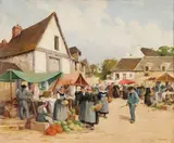 French School, Brittany Market, Oil on canvas