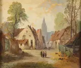 Paul Devillers, Village Scene with Church and Figures, Oil on canvas laid down