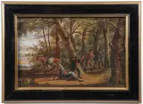 European School, Figures in a Wooded Landscape with a Stubborn Mule, Oil on wood panel