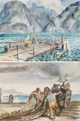 Seascape with Dock and Mountains & Hauling in the Nets by Robert von Neumann, Watercolor, sold Dec 2025