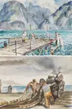 Robert Franz von Neumann, Seascape with Dock and Mountains & Hauling in the Nets, Watercolor