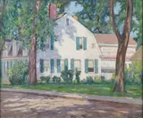 Ernest H. Barnes, Sun Dappled Street Scene, Oil on canvas in Newcomb Macklin style gilt frame