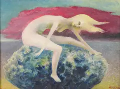 Frederick Haucke, Girl Riding Meteorite, Oil on board