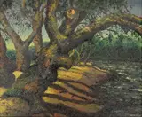 American Regionalist School, Landscape with Trees and Stream, Oil on board