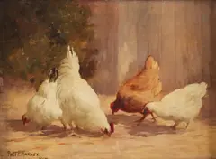 Paul E. Harney, Jr., Feeding Chickens, Oil on board, in fancy gilt frame