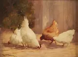 Paul E. Harney, Jr., Feeding Chickens, Oil on board, in fancy gilt frame