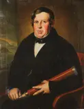 English School, Portrait of Man Holding Telescope, in background, a ship in harbor flying Union Jack., Oil on canvas