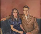 Charles Clarence Lidbergh, Portrait of a Brother and Sister Seated on a Couch, Oil on canvas in a carved gilt wood Newcomb Macklin style frame
