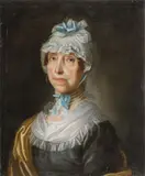 French School, Portrait of a Lady in a White Bonnet with Blue Bows and Pearl Necklaces, Oil on canvas