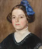 E. Engert, Portrait of a Young Girl with a Blue Bow in her Hair, Oil on canvas laid down on Masonite