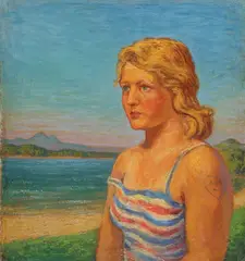 American School, "Bob & Me," Tattooed Woman in Striped Swimwear on Beach, Oil on canvas laid down on wood panel
