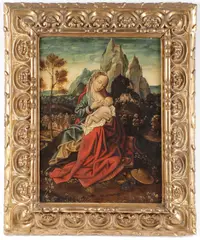 Joos van Cleve, A Nursing Madonna and Child or Rest on the Flight into Egypt, Oil on wood panel in carved gilt wood frame